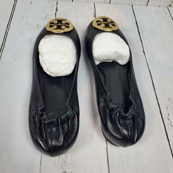 Tory Burch Reva Ballet Flats Size 7 M Black Leather Gold Metallic Logo Comfy GUC - Picture 7 of 13